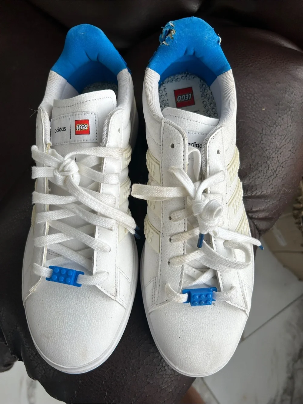 ADIDAS Men’s White Sneakers with Bright Blue LEGOS….. LEGO WORLD!!!!